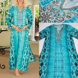NEW XL SOFT SURROUNDINGS HI SLIT EMBELLISHED BEADED GREEN CAFTAN MAXI GOWN NWT